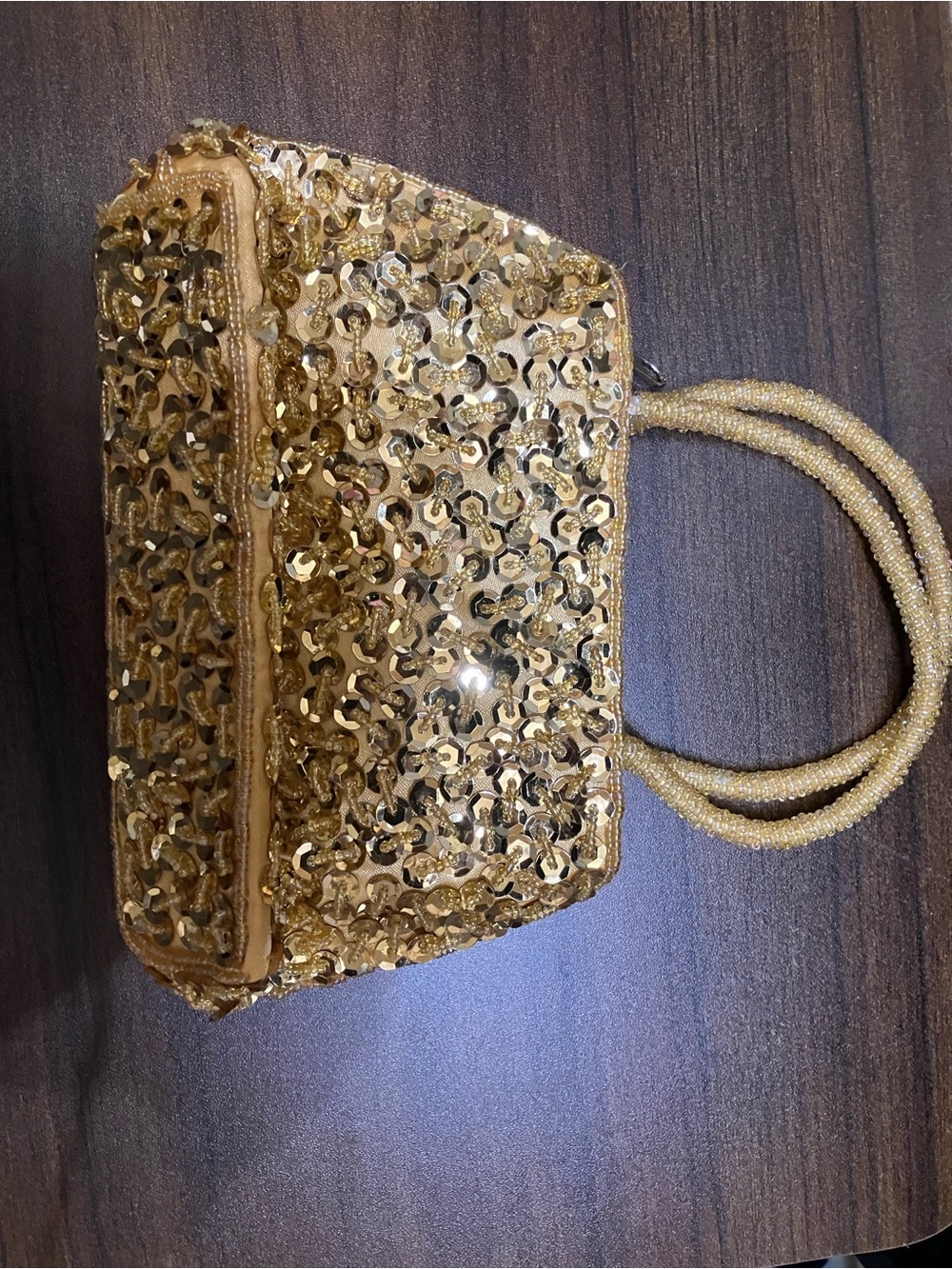 Gold Sequin Beaded Evening Clutch with Beaded Handles - Picture 11 of 11